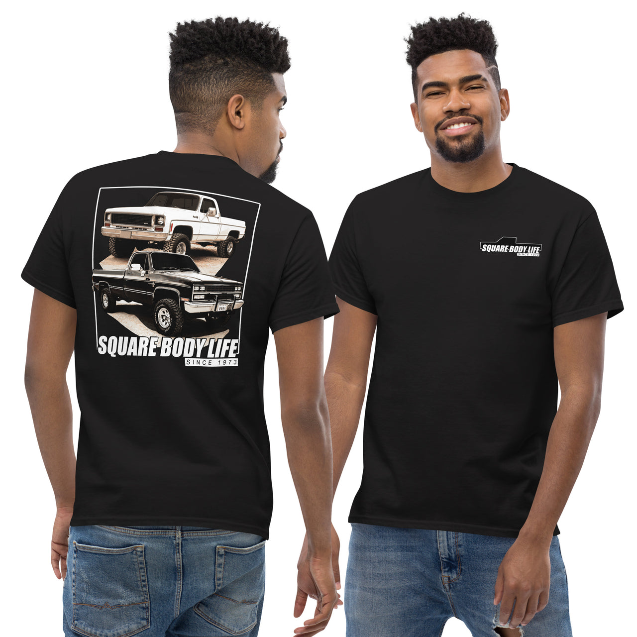 Square Body Life T-Shirt modeled in black