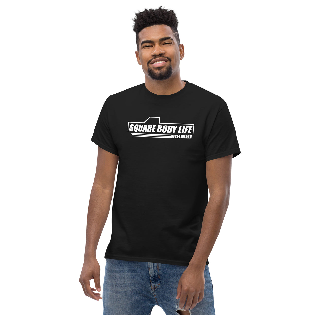 Square Body Life Truck T-Shirt modeled in black