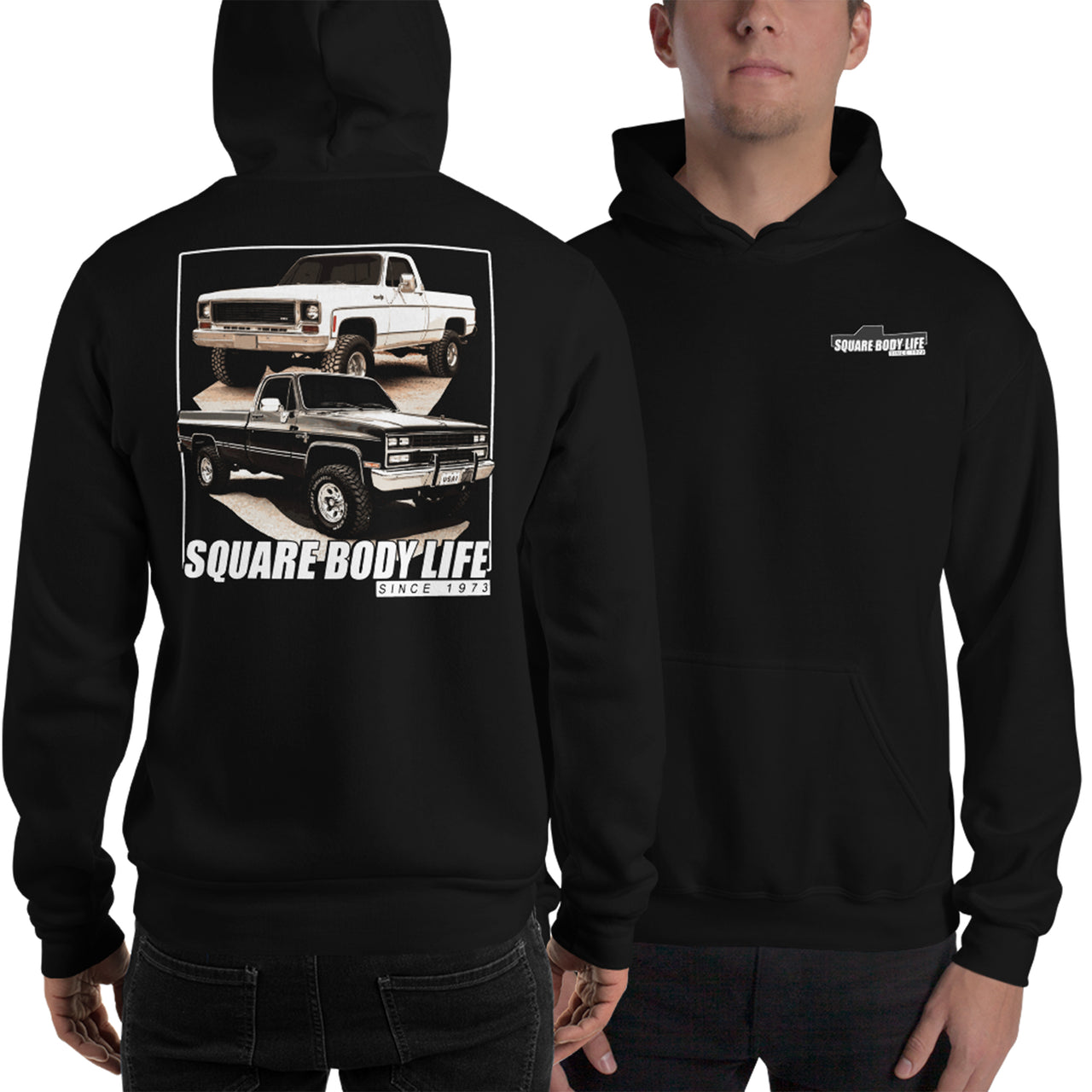 Square Body Life Hoodie modeled in black
