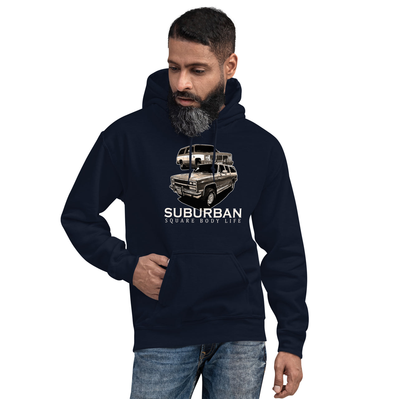 squarebody suburban truck hoodie modeled in navy
