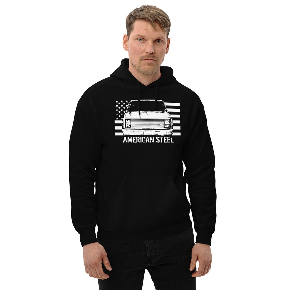 Square Body Truck Hoodie, American Steel Squarebody Sweatshirt modeled in black