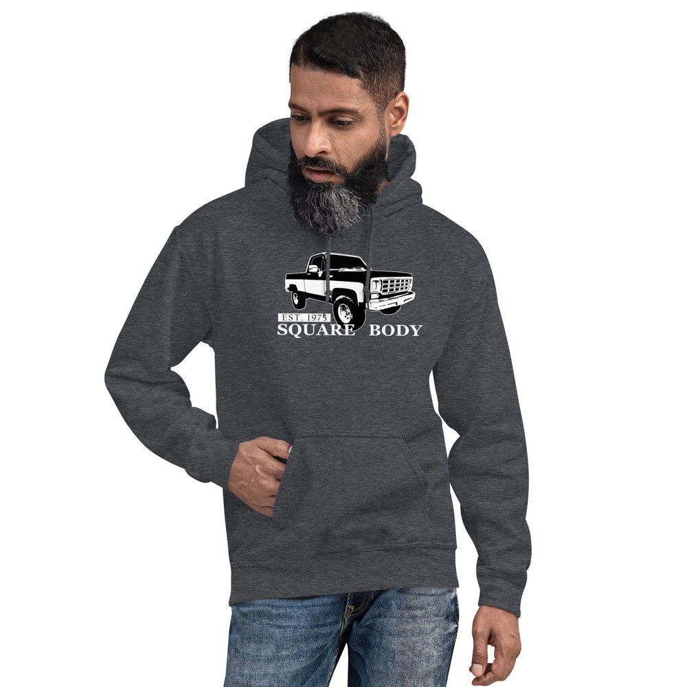 Square Body 1973-1987 Truck Hoodie modeled in grey