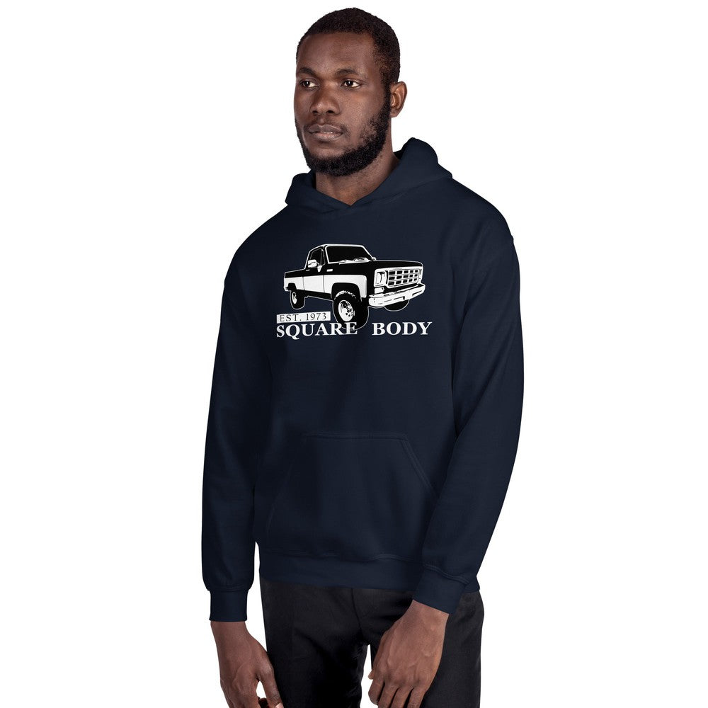 Square Body 1973-1987 Truck Hoodie modeled in navy