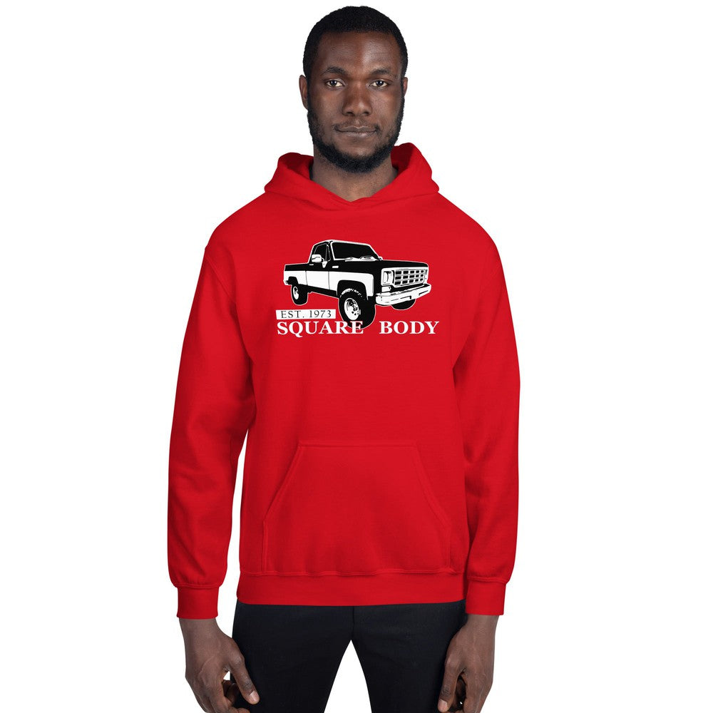 Square Body 1973-1987 Truck Hoodie modeled in red