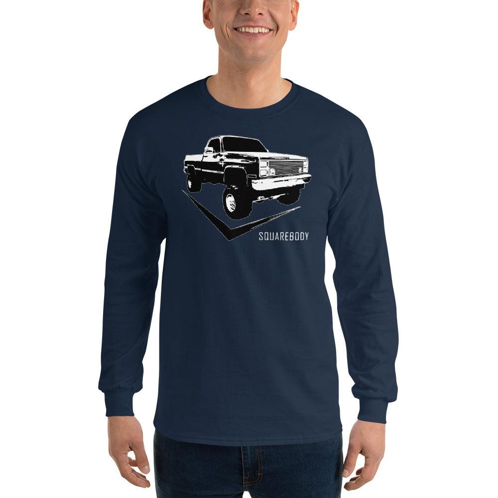 Square Body 80's Truck Long Sleeve T-Shirt modeled in navy