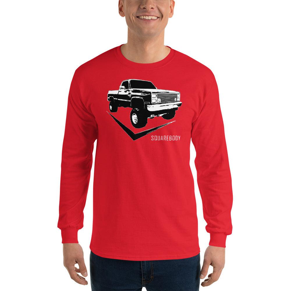 Square Body 80's Truck Long Sleeve T-Shirt modeled in red