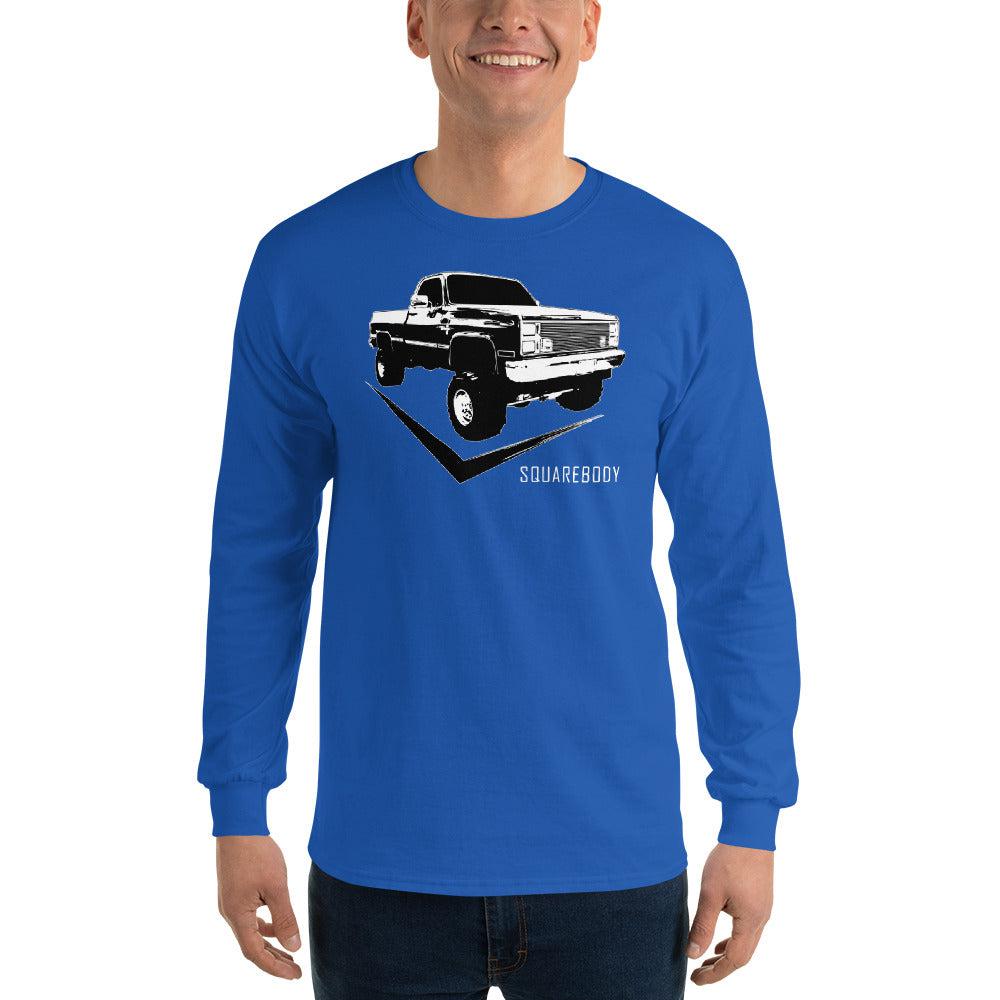 Square Body 80's Truck Long Sleeve T-Shirt modeled in royal