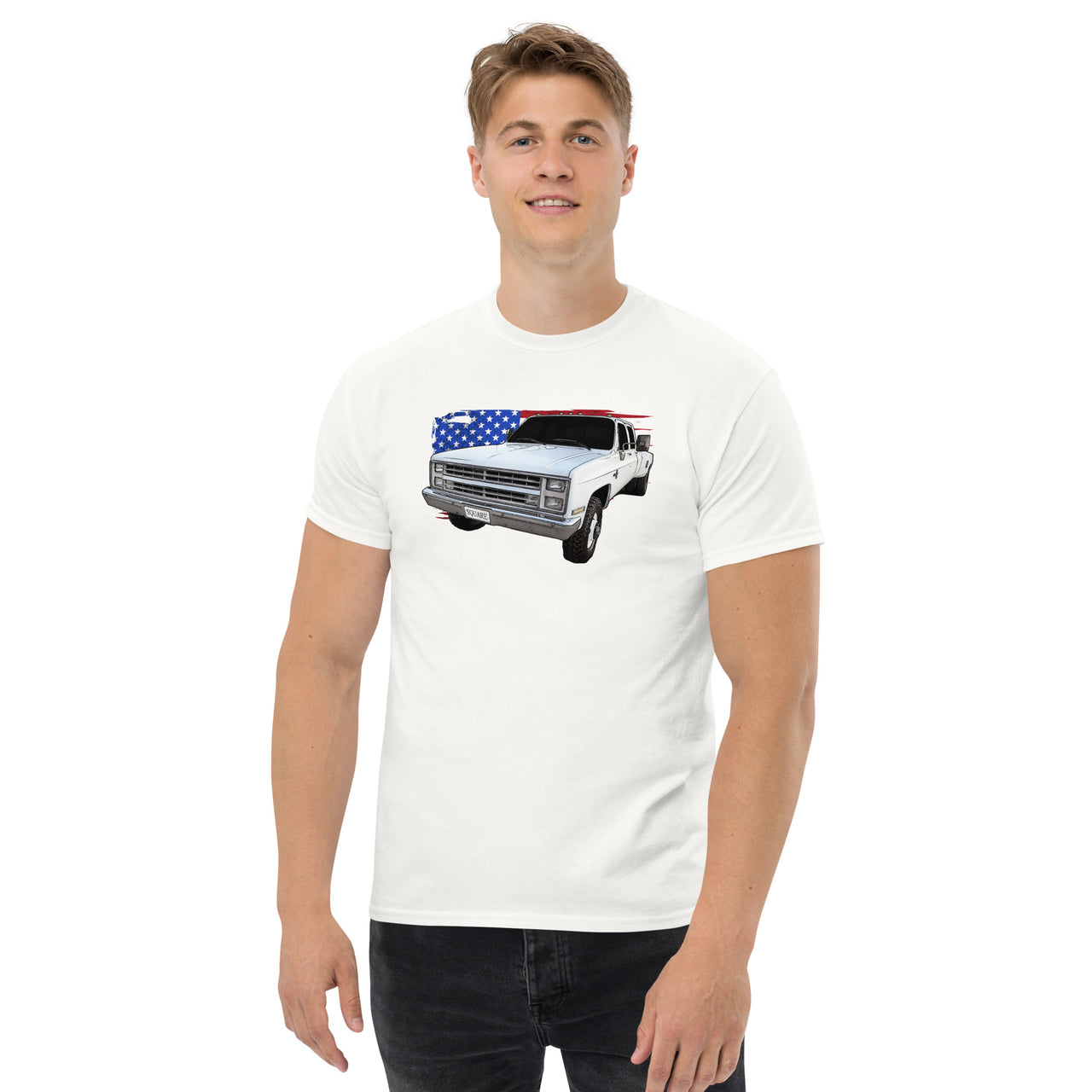 Square Body Dually Crew Cab T-Shirt modeled in white