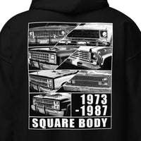 Thumbnail for 1973-1987 Square Body Grilles Hoodie in black close up of back design