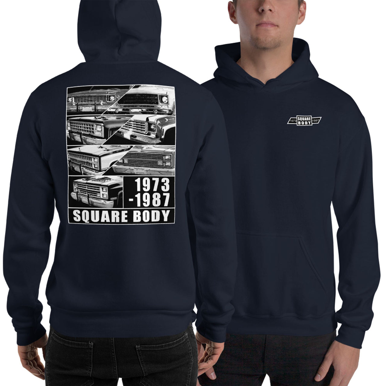 1973-1987 Square Body Grilles Hoodie in navy modeled