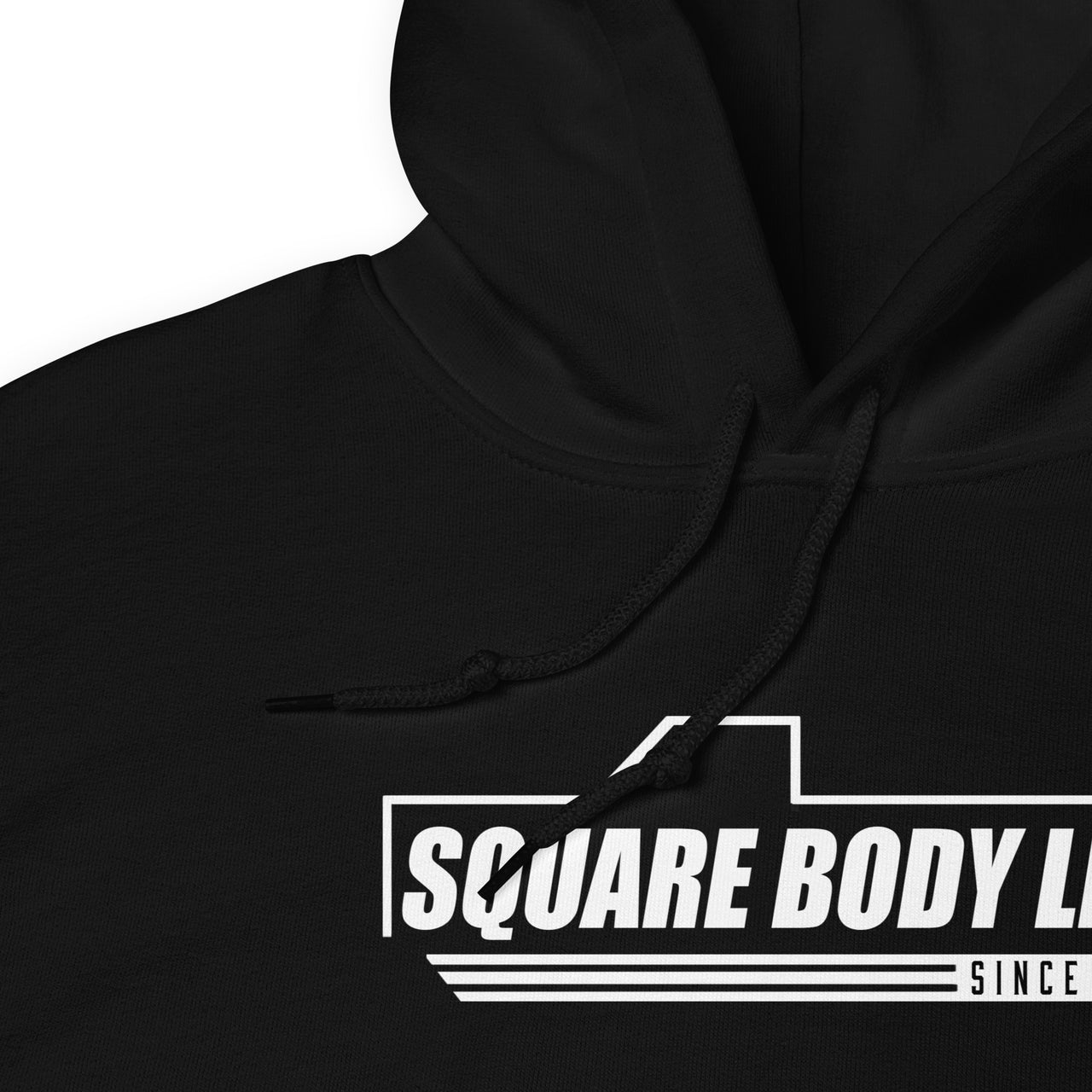 Square Body Life Hoodie Squarebody Truck Sweatshirt in black close up