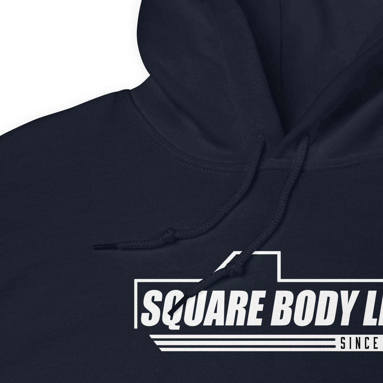 Square Body Life Hoodie Squarebody Truck Sweatshirt in navy close up