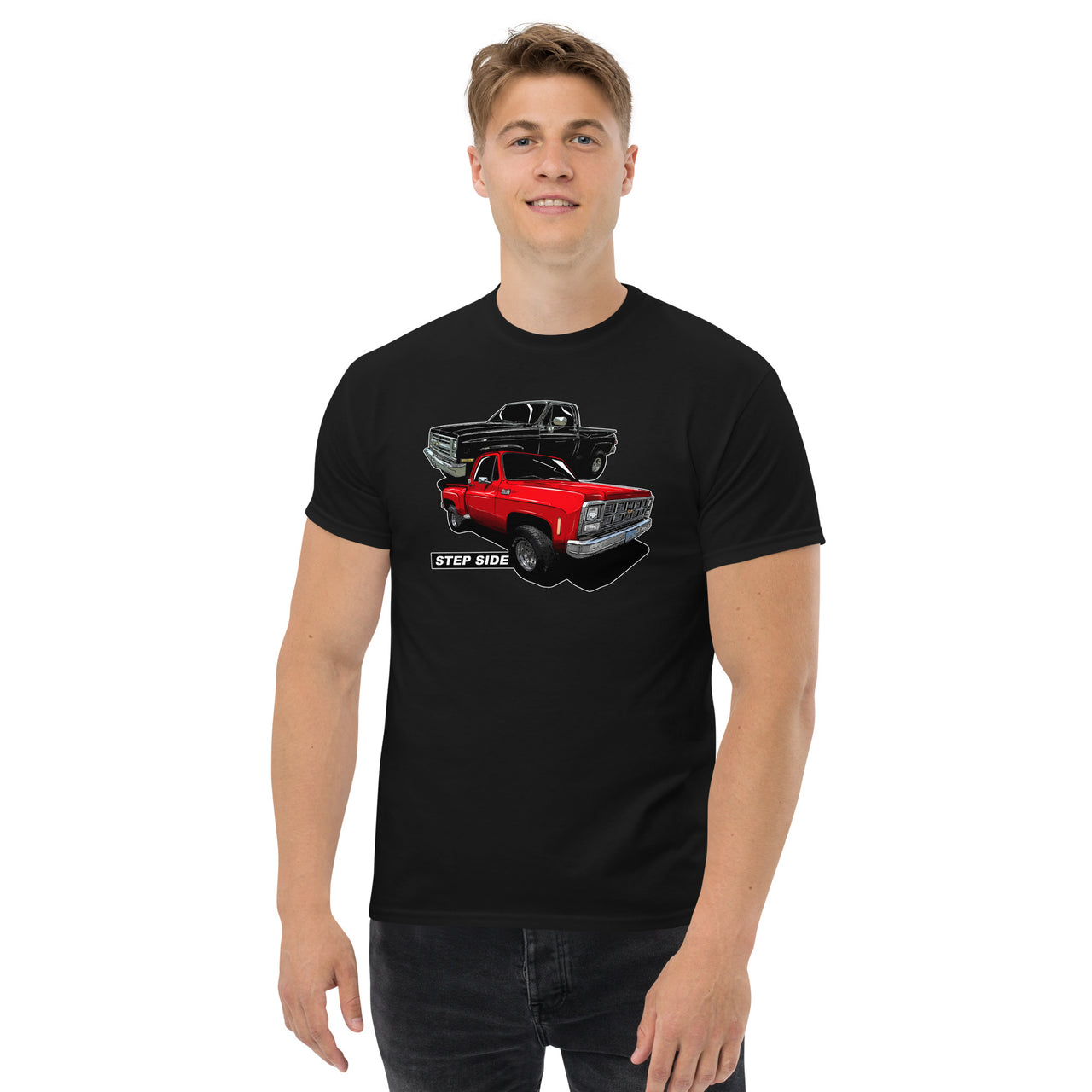 Square Body Step-Side T-Shirt modeled in black