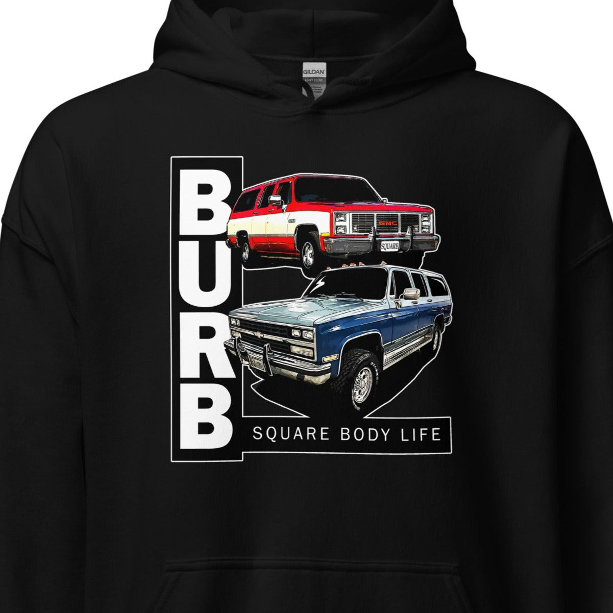 Square Body Suburban Hoodie in black - close up of print