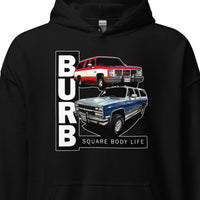 Thumbnail for Square Body Suburban Hoodie in black - close up of print