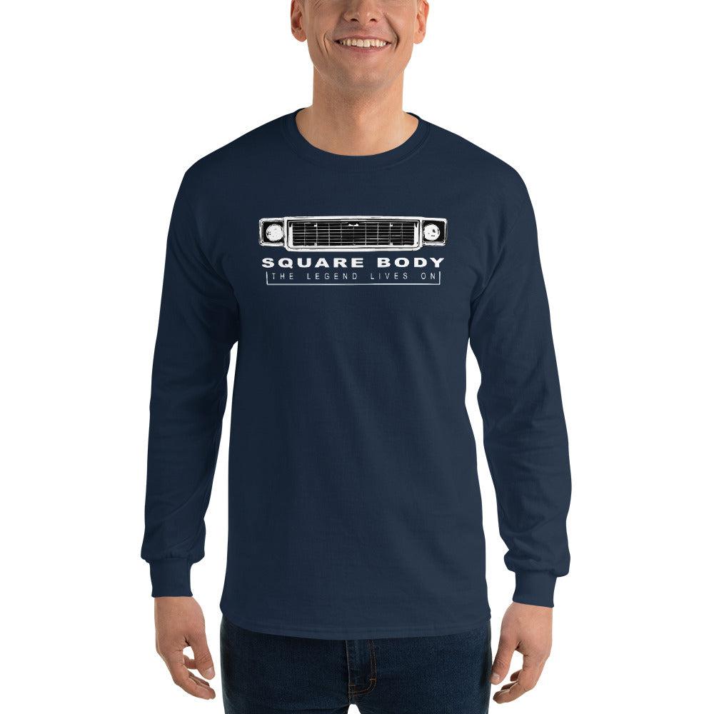 70s Square Body Long Sleeve T-Shirt modeled in navy
