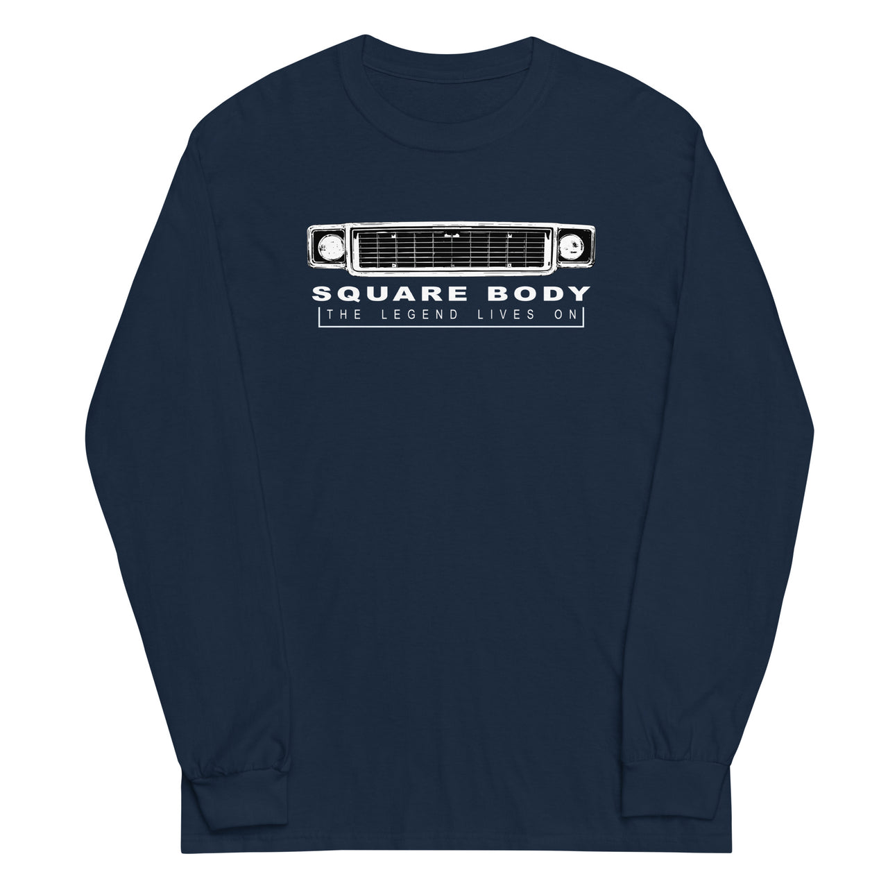 70s Square Body Long Sleeve T-Shirt modeled in navy