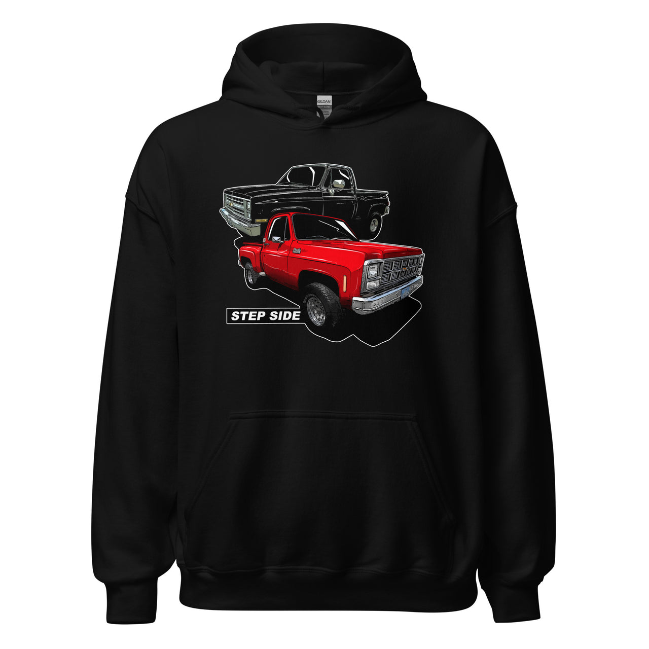 step side square body truck hoodie in black