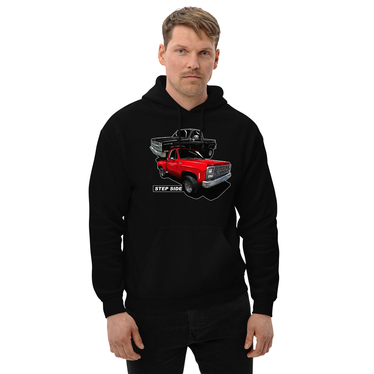 step side square body truck hoodie modeled in black