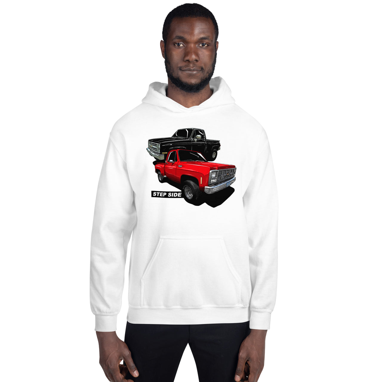 step side square body truck hoodie modeled modeled in white