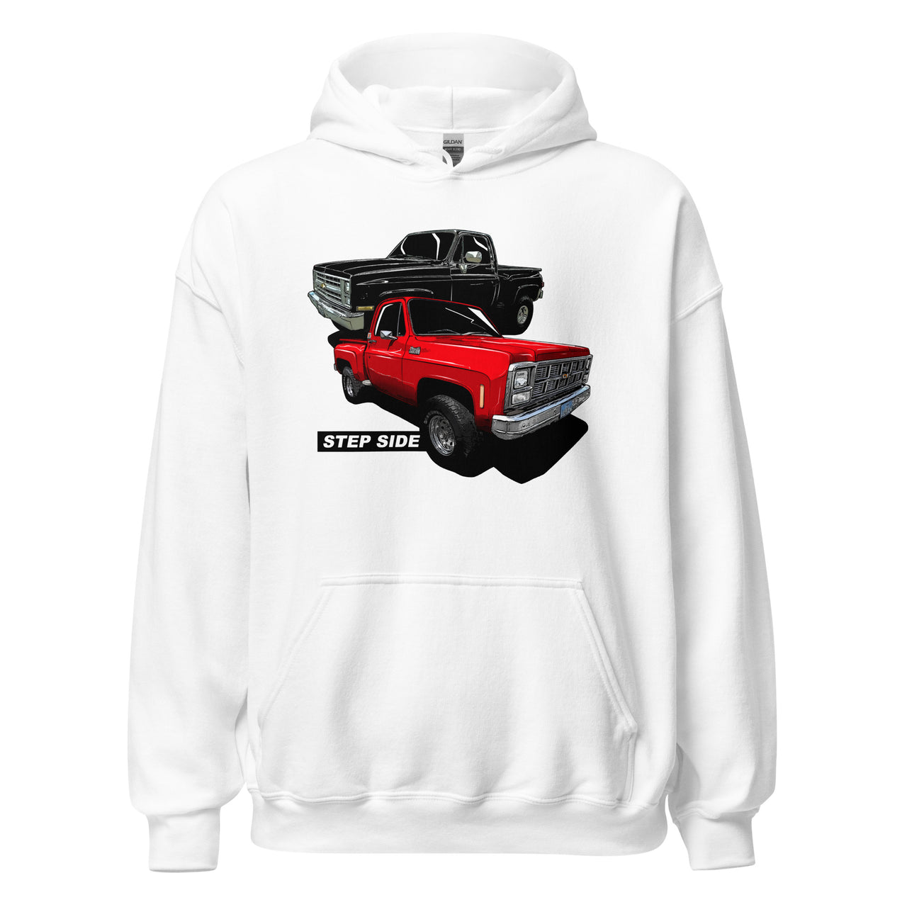 step side square body truck hoodie in white