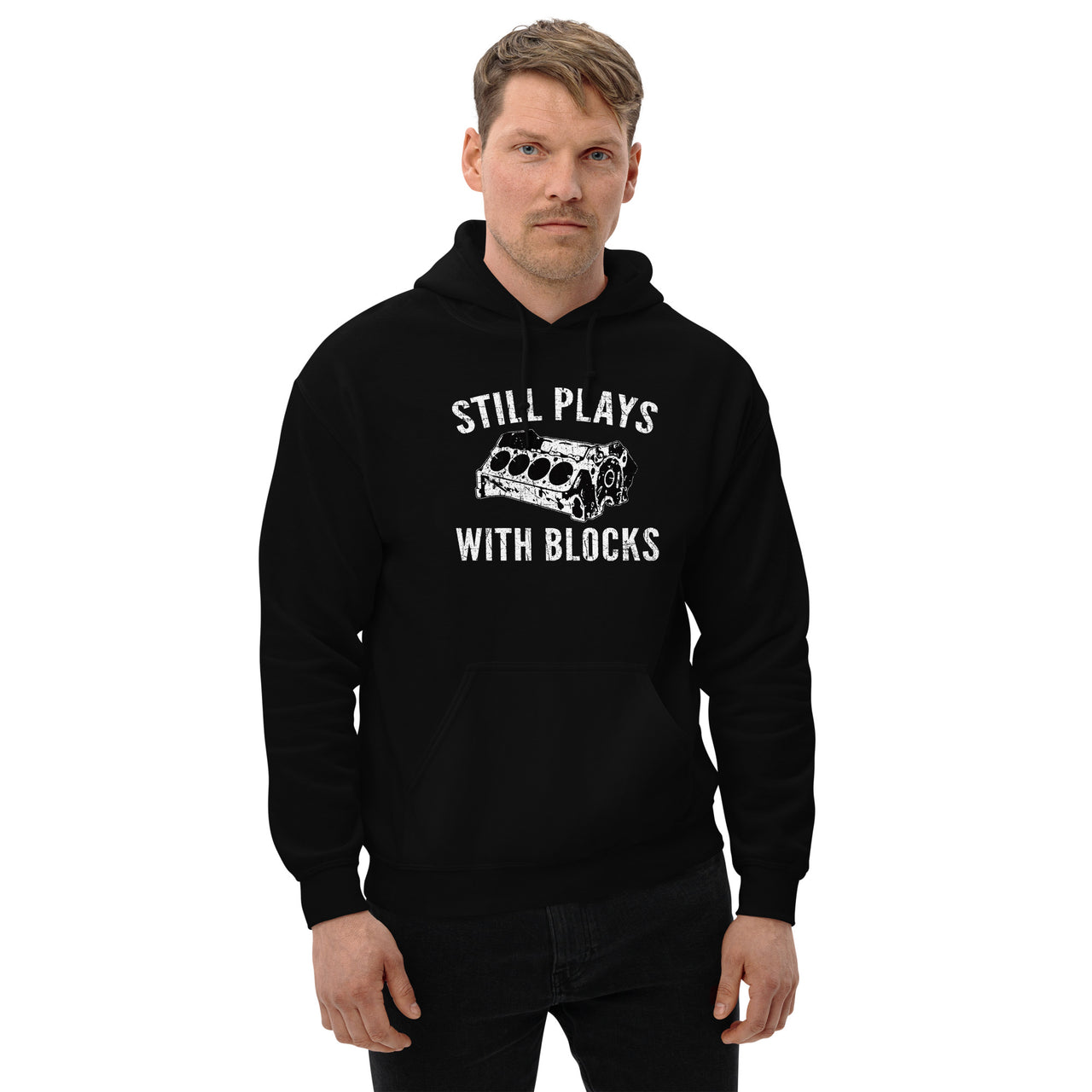Still Plays With Blocks Car Enthusiast Hoodie Sweatshirt modeled in black