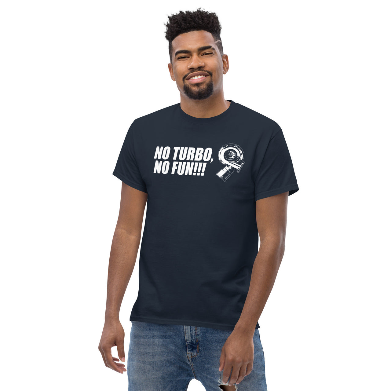 turbo car enthusiasts t-shirt modeled in navy