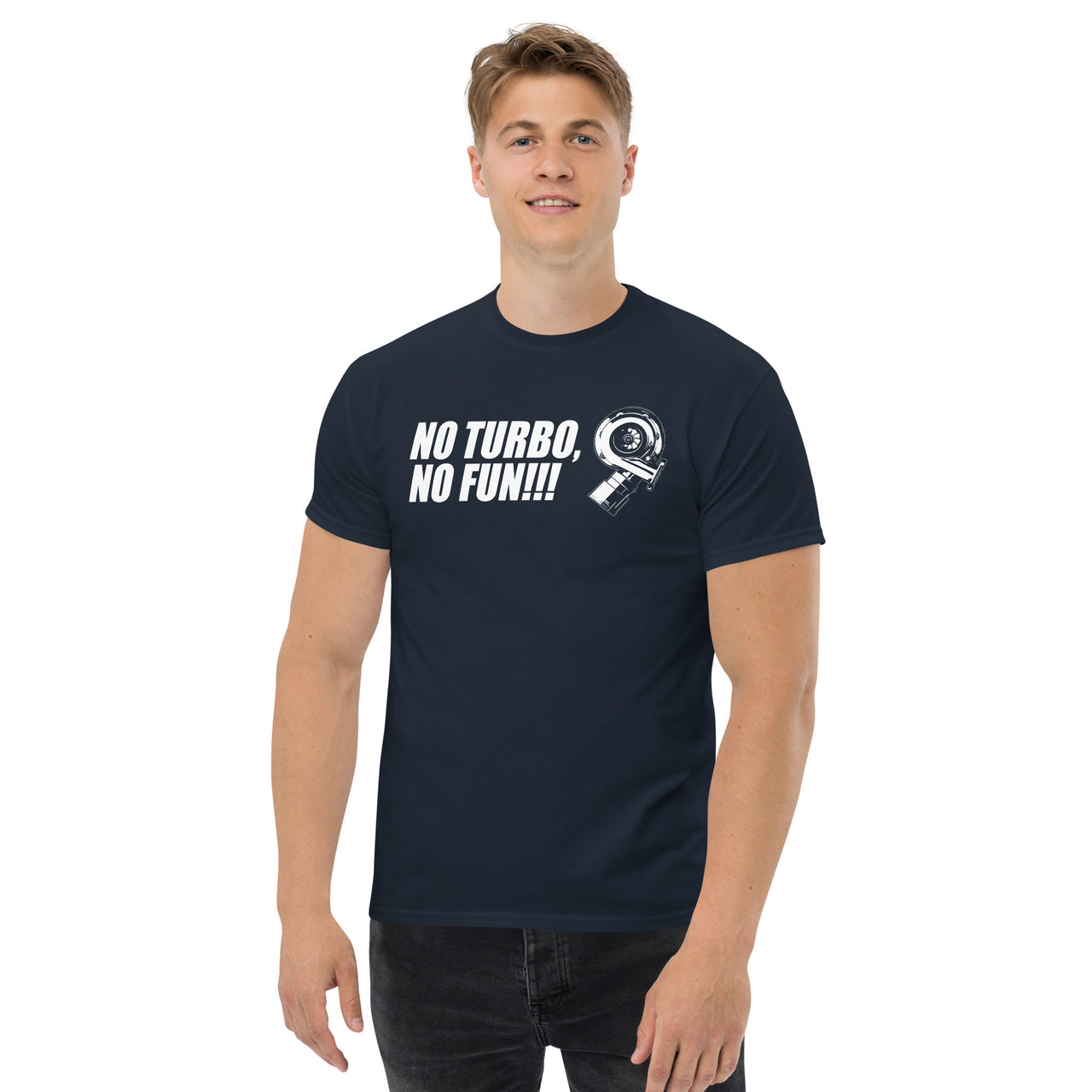 turbo car enthusiasts t-shirt modeled in navy