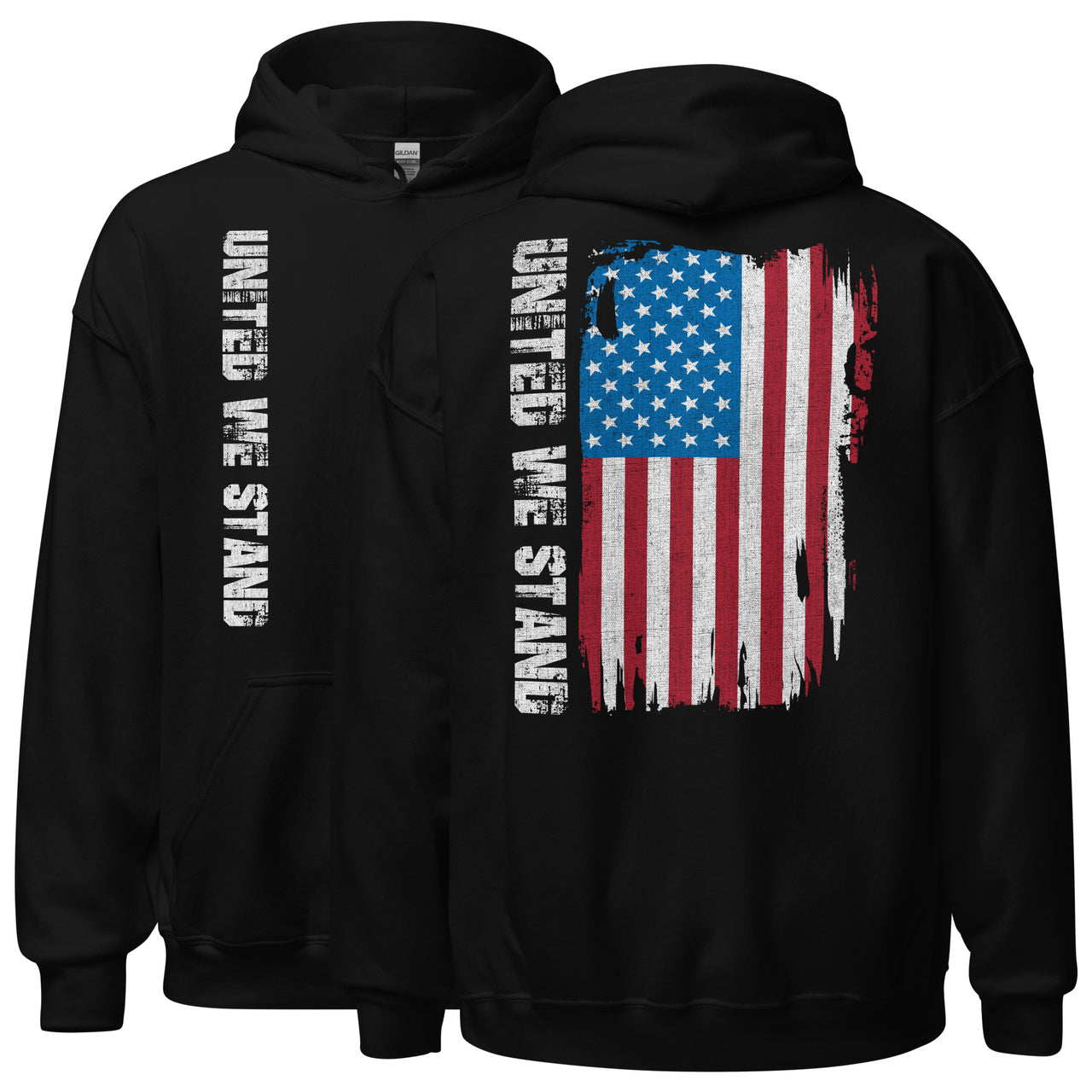 United We Stand Full Color American Flag Hoodie Sweatshirt in black