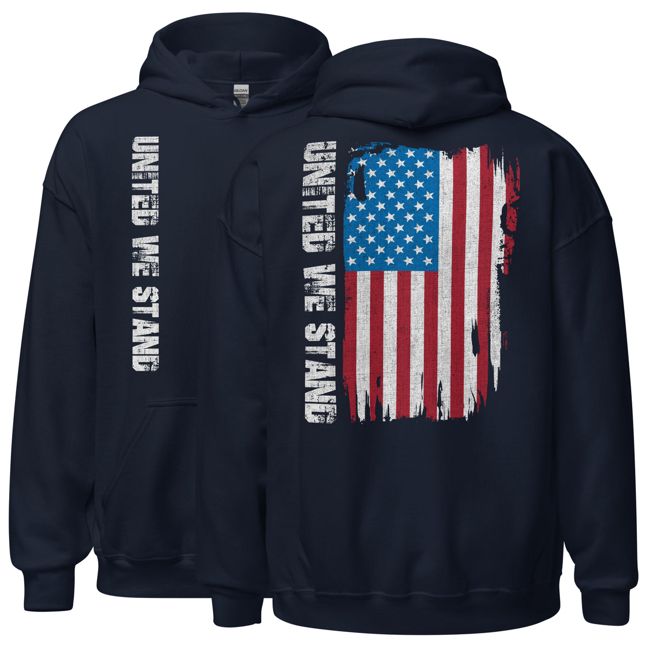 United We Stand Full Color American Flag Hoodie Sweatshirt in navy