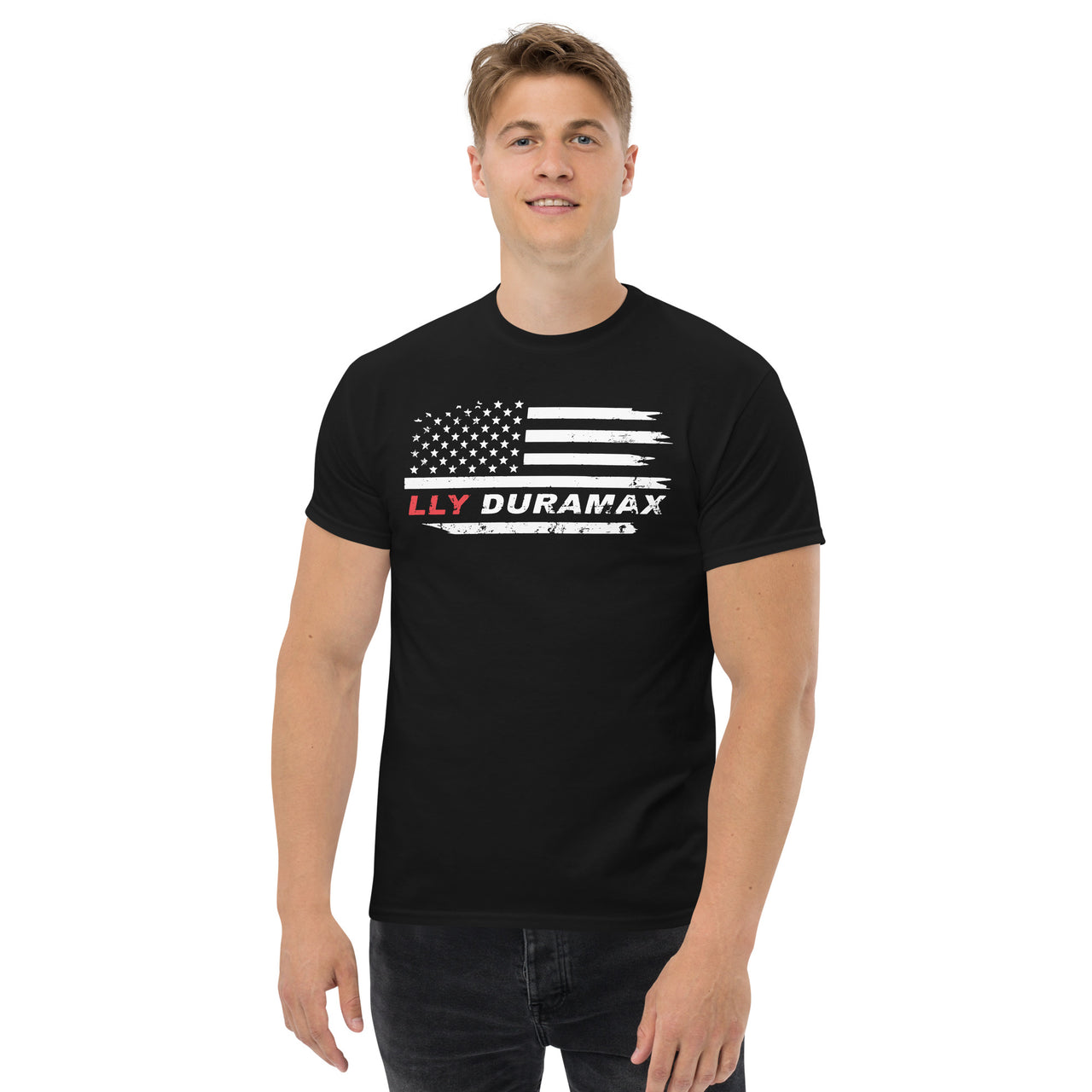 LLY Duramax T-Shirt With American Flag Design - modeled in black