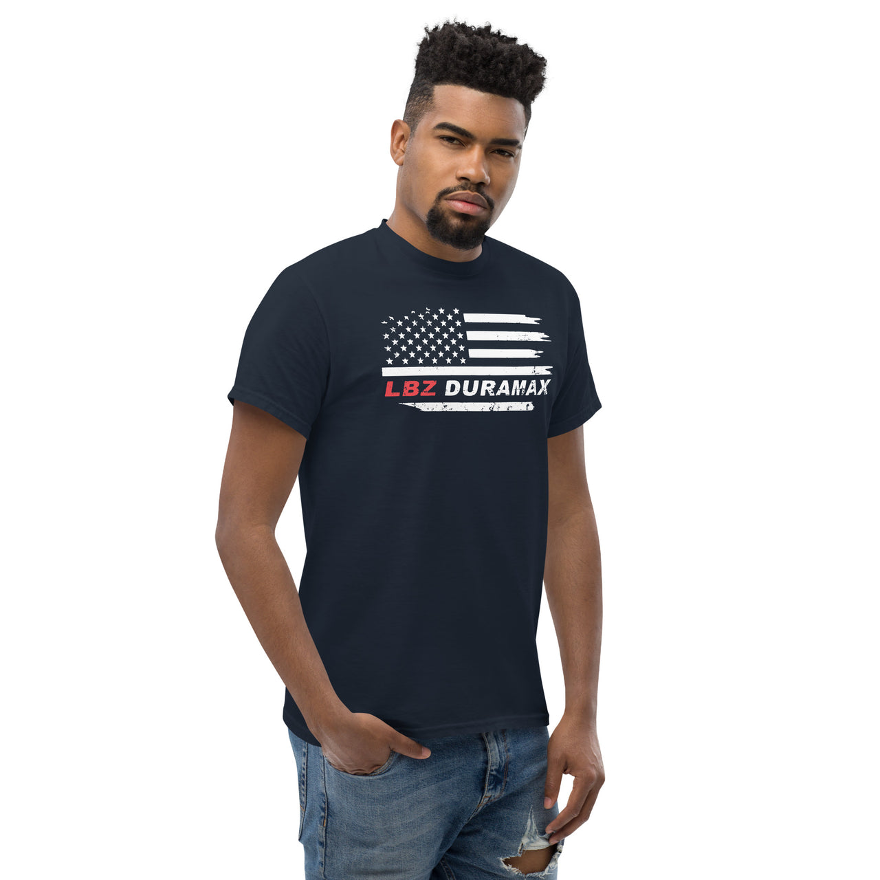 LBZ Duramax T-Shirt With American Flag Design - modeled in navy