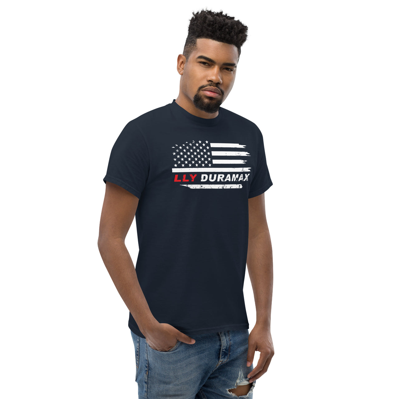 LLY Duramax T-Shirt With American Flag Design - modeled in navy