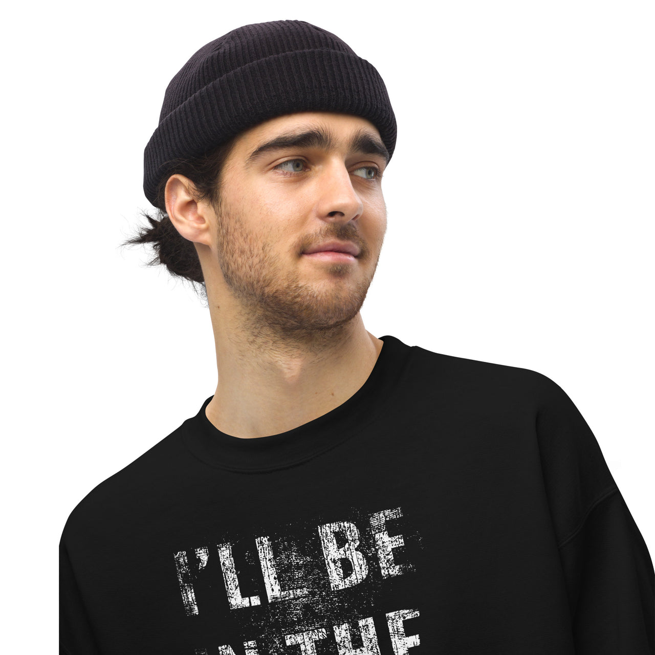 I'll Be In The Garage, Mechanic Sweatshirt , Car Enthusiast Crew Neck Pullover modeled in black
