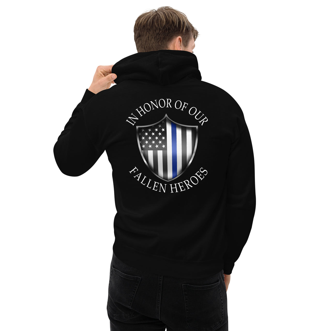 Police Thin Blue Line Hoodie modeled in black back