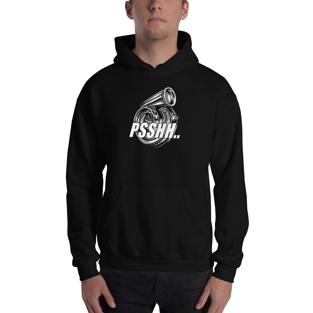 Funny Car Guy Turbo Hoodie - PSSHH Sweatshirt modeled in black