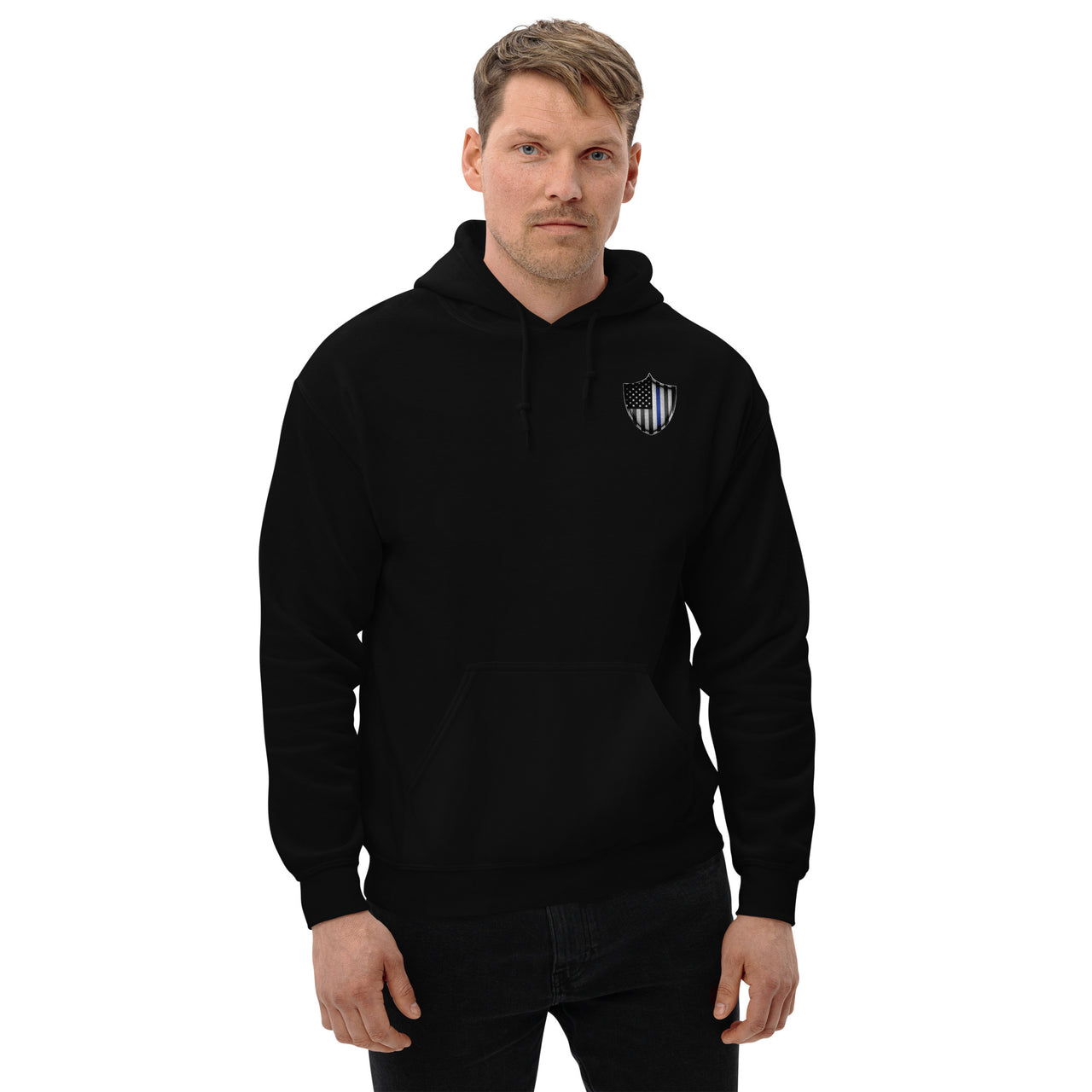 Police Thin Blue Line Hoodie modeled in black front