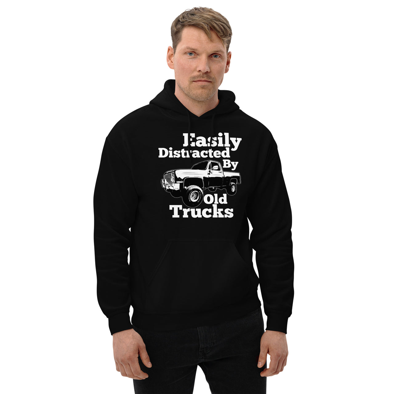 man modeling Square Body Truck Hoodie Sweatshirt - Easily Distracted By Old Trucks