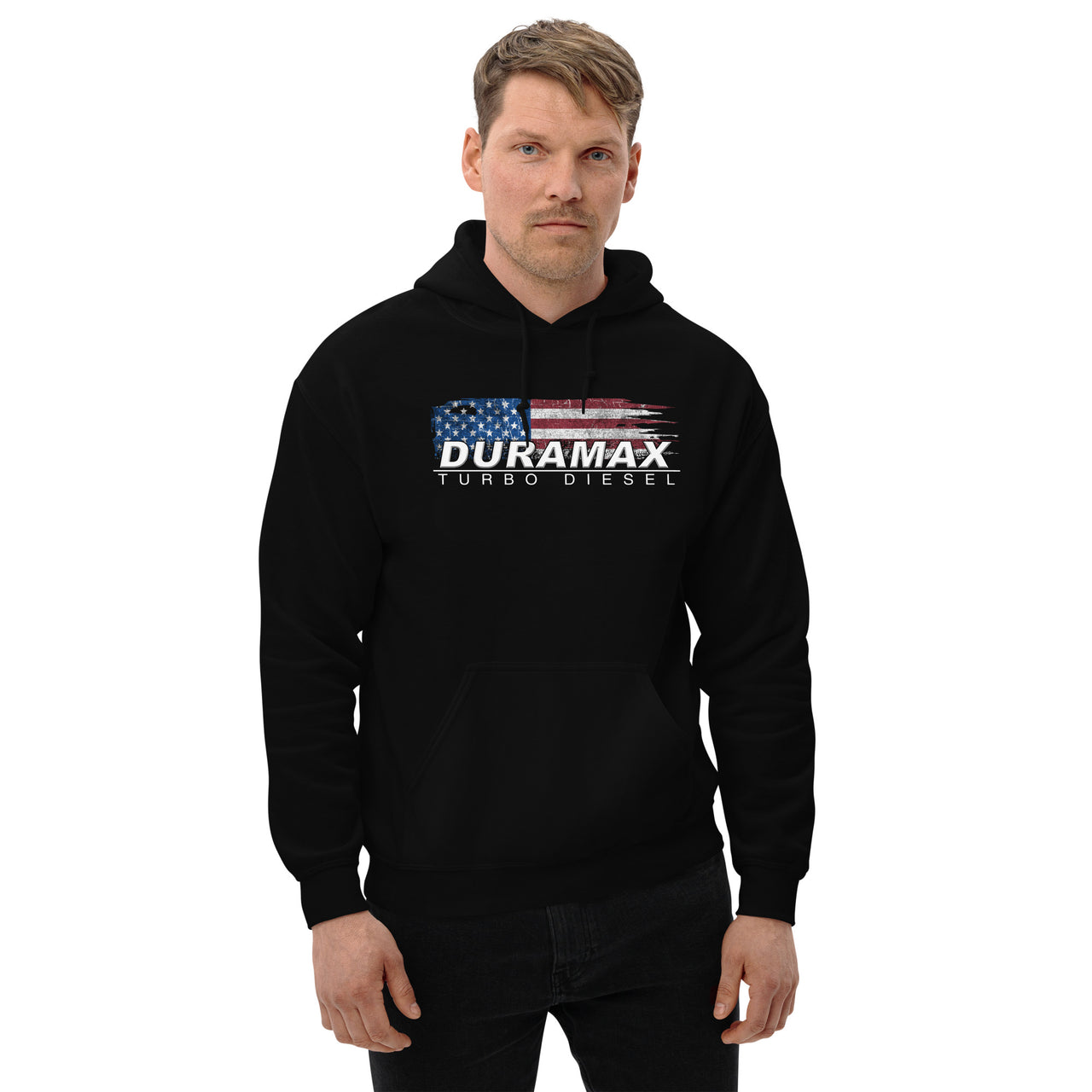 Duramax Hoodie With Patriotic Design modeled in black