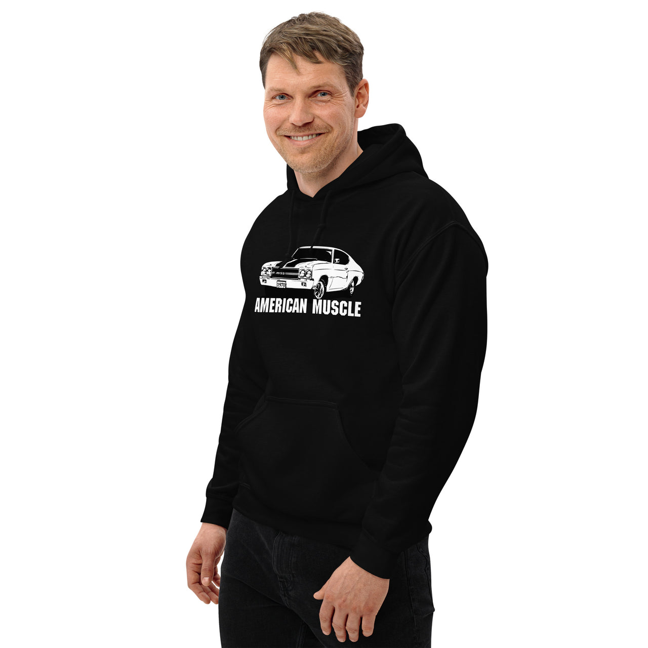 Man modeling a 1970 Chevelle Hoodie in black 