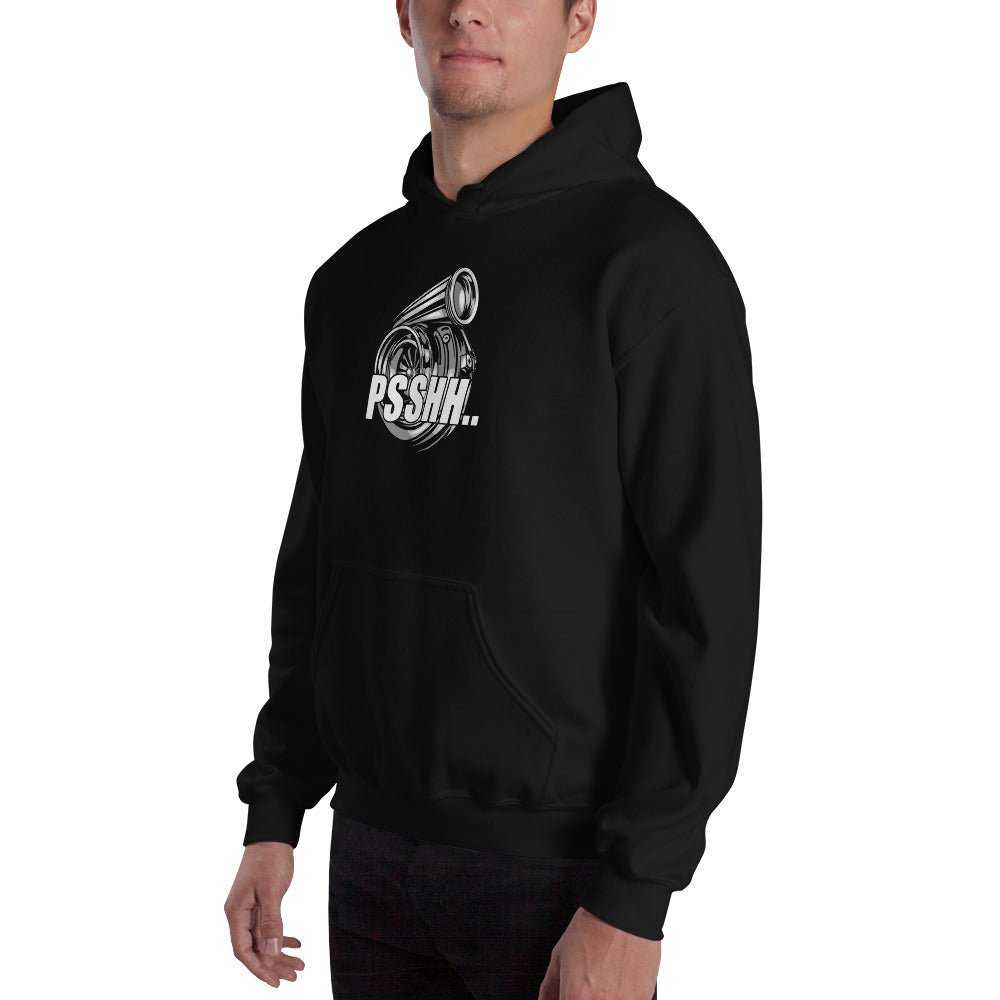 Funny Car Guy Turbo Hoodie - PSSHH Sweatshirt modeled in black