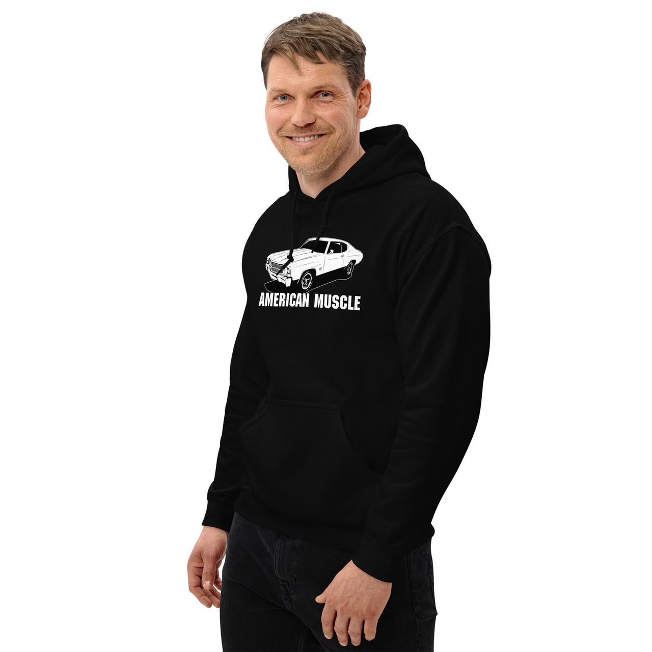 1971 Chevelle Car Hoodie modeled in black