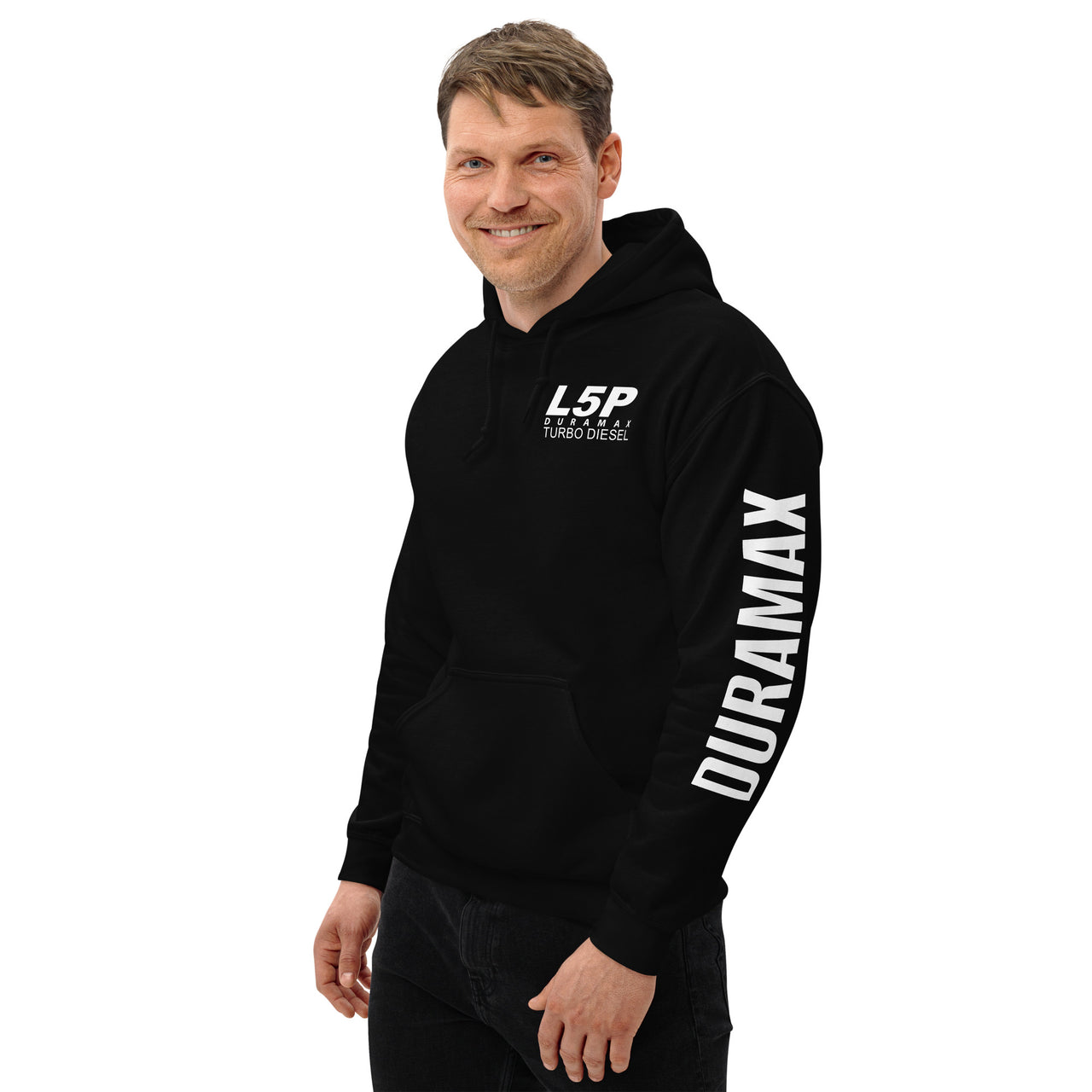 L5P Duramax Hoodie Pullover Sweatshirt With Sleeve Print - modeled in black
