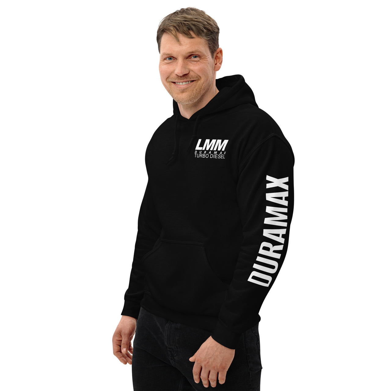 LMM Duramax Hoodie Pullover Sweatshirt With Sleeve Print modeled in black