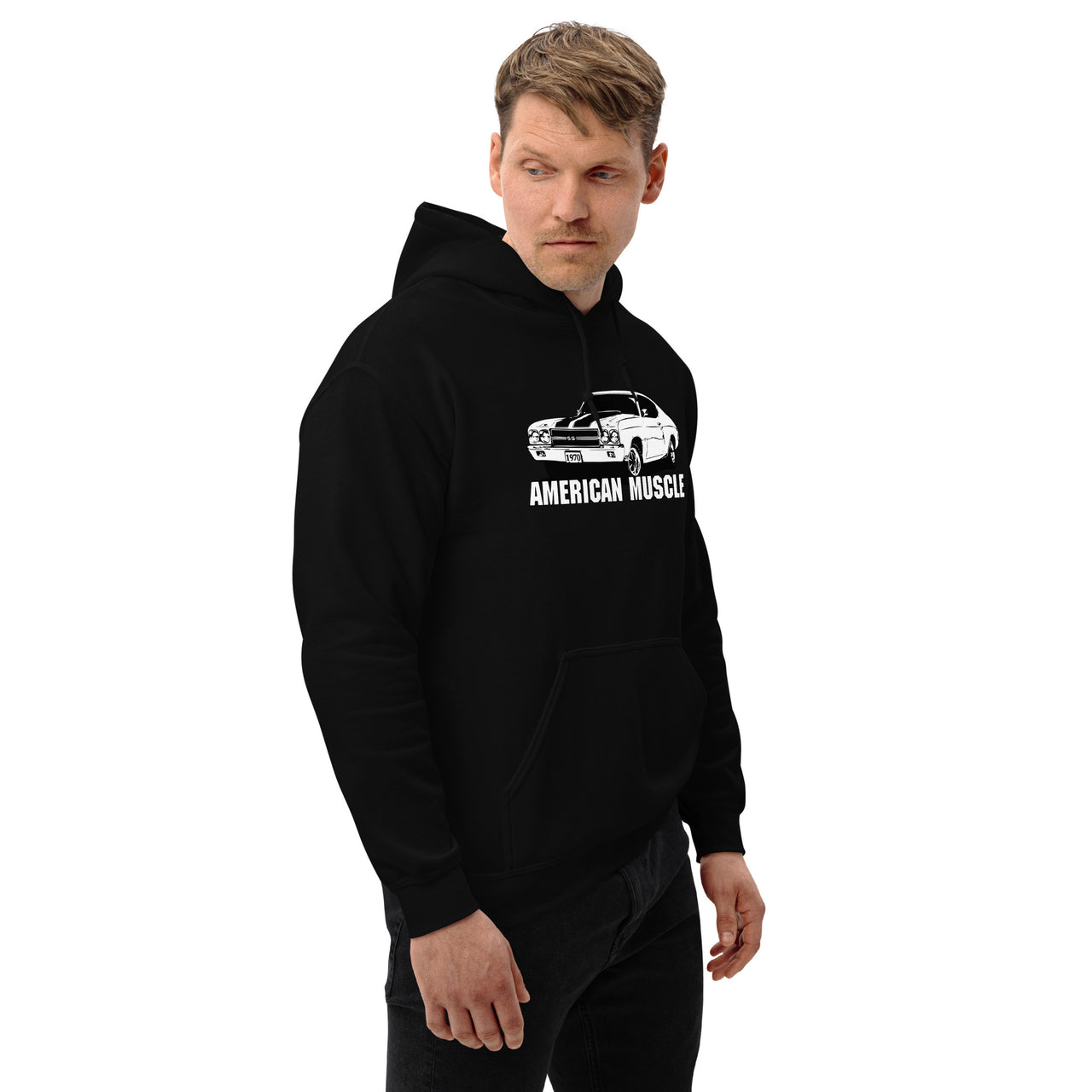 Man modeling a 1970 Chevelle Hoodie in black 