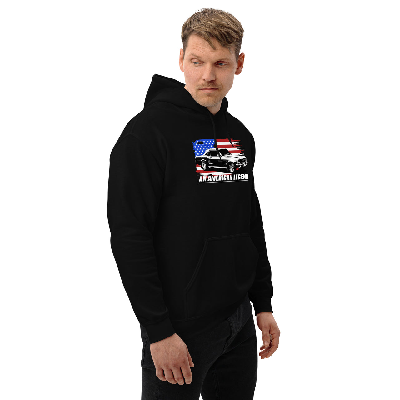 67 Fastback Hoodie Sweatshirt modeled in Black