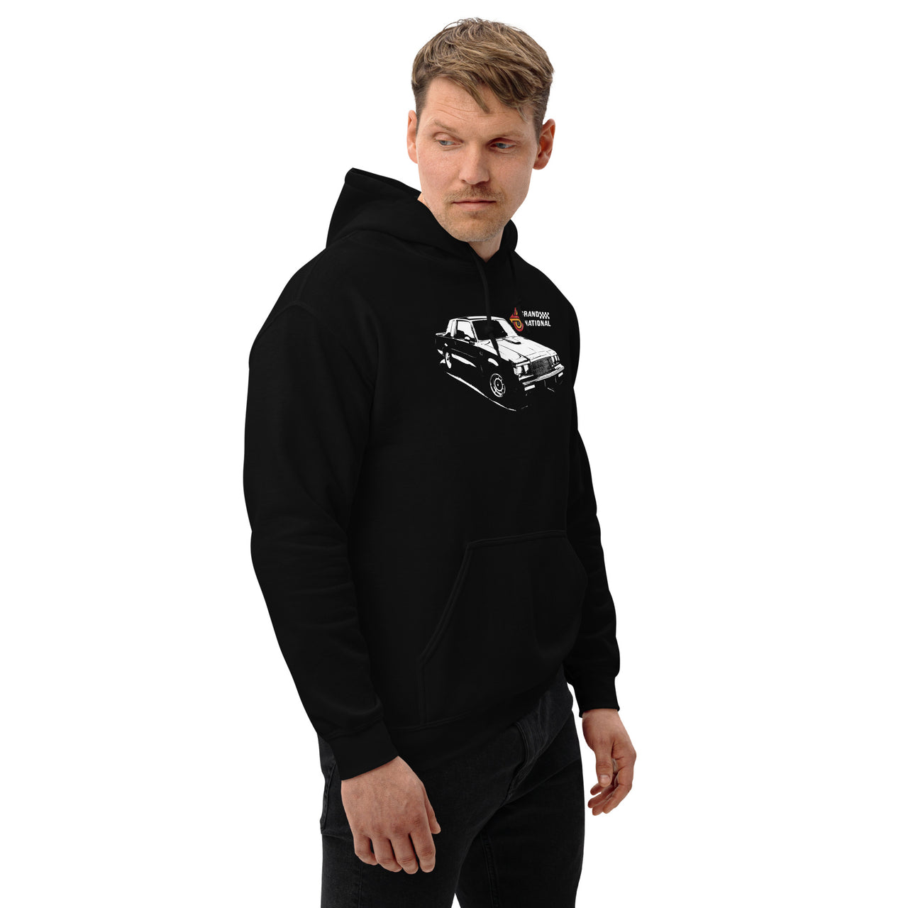 Grand National Hooded Sweatshirt Hoodie modeled from the left