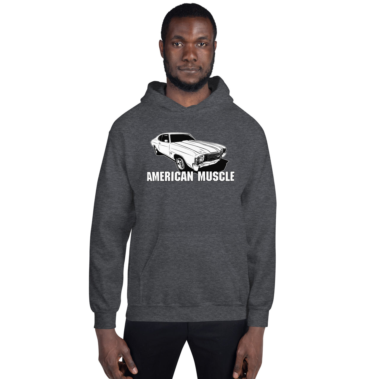 Man modeling a 1972 Chevelle Car Hoodie American Muscle Car Sweatshirt in grey