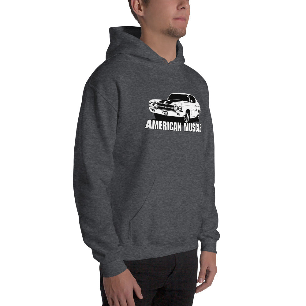 Man modeling a 1970 Chevelle Hoodie in grey 