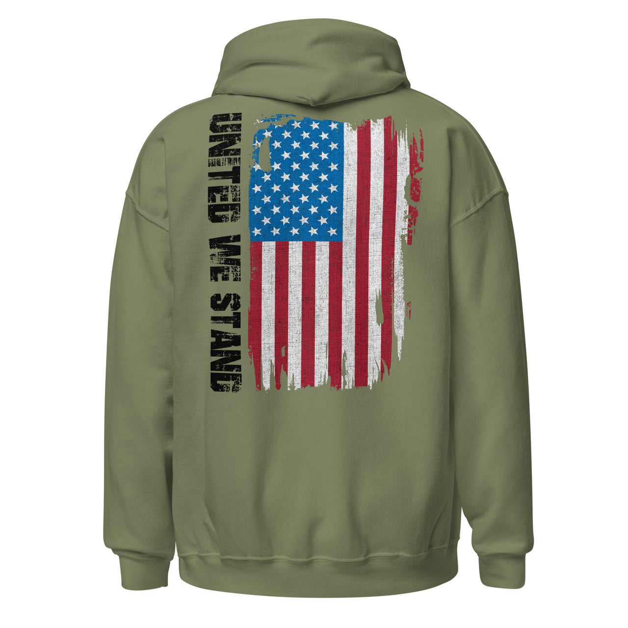 United We Stand Full Color American Flag Hoodie Sweatshirt in green back